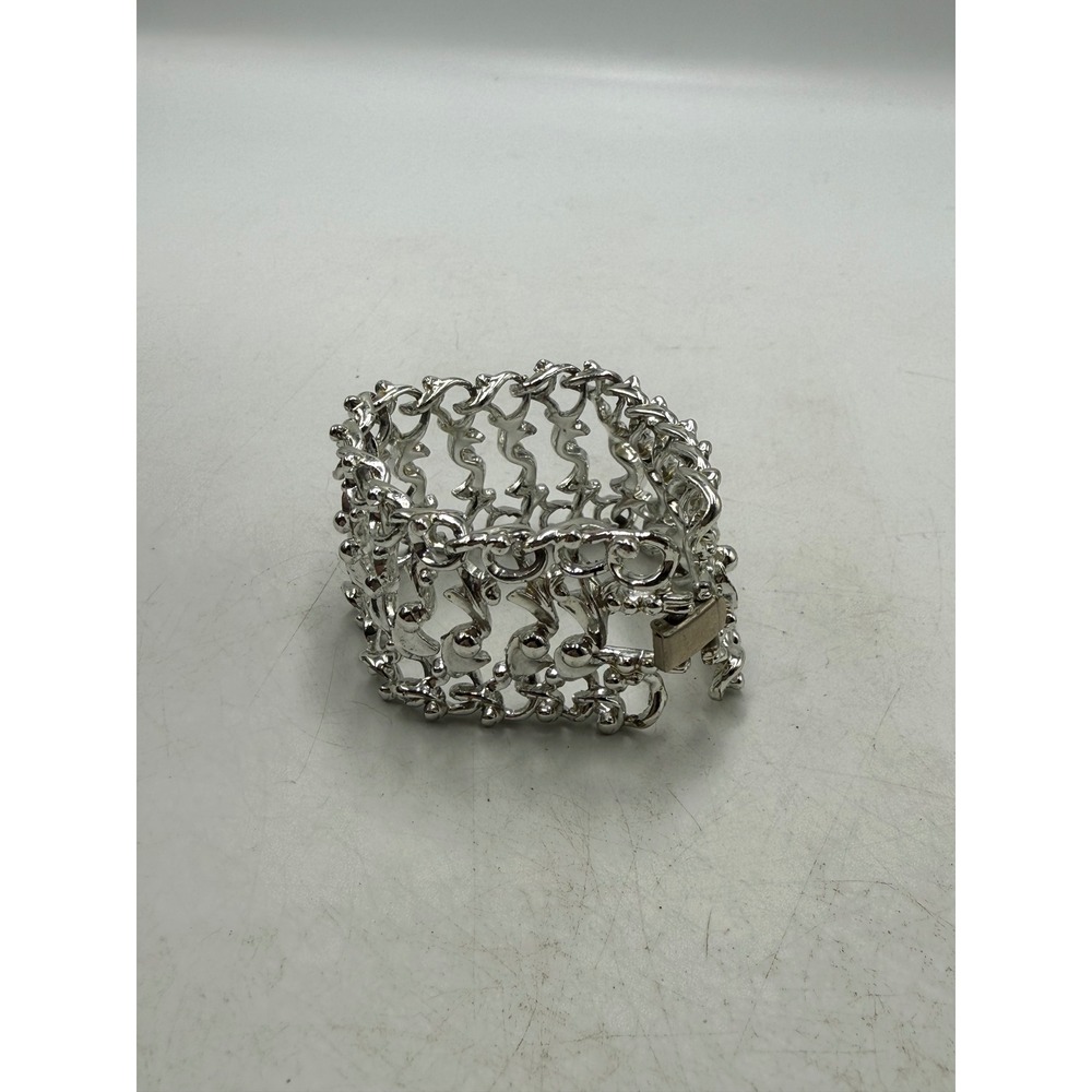 Vintage Silver Tone Wide Openwork Link Statement Bracelet Scuptural Modernist